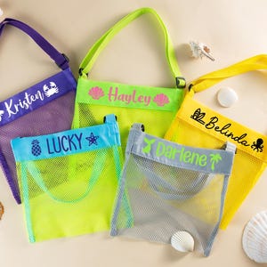 Benutzerdefinierte Muschel Tasche, personalisierte Mesh Shell Tasche, Monogramm Shell Beach Mesh Tasche, Kinderstrandtasche, Muschel-Einkaufstasche, Pool Spielzeugtasche, Beach Party Favor