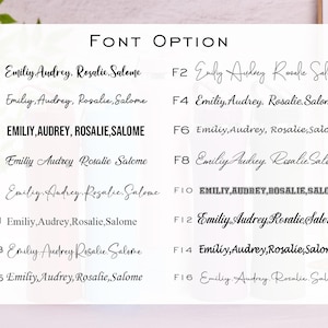 May include: A white card displays "FONT OPTION" and various font styles with names. The names "Emily, Audrey, Rosalie, Salome" are shown in different fonts, including bold and cursive. The card is on a light-colored surface.