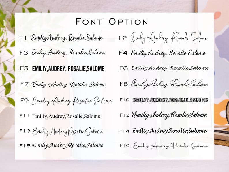 May include: A white card displays "FONT OPTION" and various font styles with names. The names "Emily, Audrey, Rosalie, Salome" are shown in different fonts, including bold and cursive. The card is on a light-colored surface.