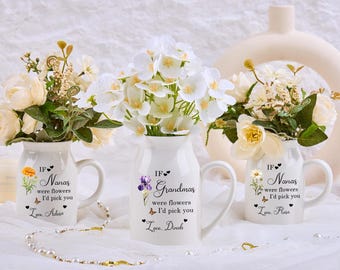 Personalized Floral Ceramic Vase, Custom Ceramic Vase With Name,  Birth Flower Vase, Mother&#39;s Day Gift For Grandma/Mom/Nanny.