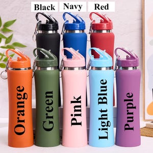 May include: A collection of insulated water bottles in various colors, including black, navy, red, orange, green, pink, light blue, and purple. Each bottle has a matching lid and a carabiner clip for easy carrying.