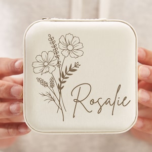 Aangepaste geboortebloem sieradendoos, gepersonaliseerde reissieradendoos, leren sieraden organizer, cadeau bruidsmeisje, verjaardagscadeau, Valentijnsdagcadeau