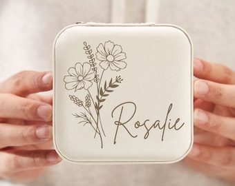 Custom Birth Flower Jewelry Box,Personalized Travel Jewelry Box,Leather Jewelry Organizer,Bridesmaid Gift,Birthday Gift,Valentine's Day Gift