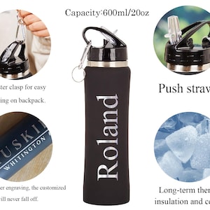 May include: Black insulated water bottle with a black lid and a silver carabiner clip. The bottle has the name "Roland" printed in white. Features include a push straw and laser engraving.