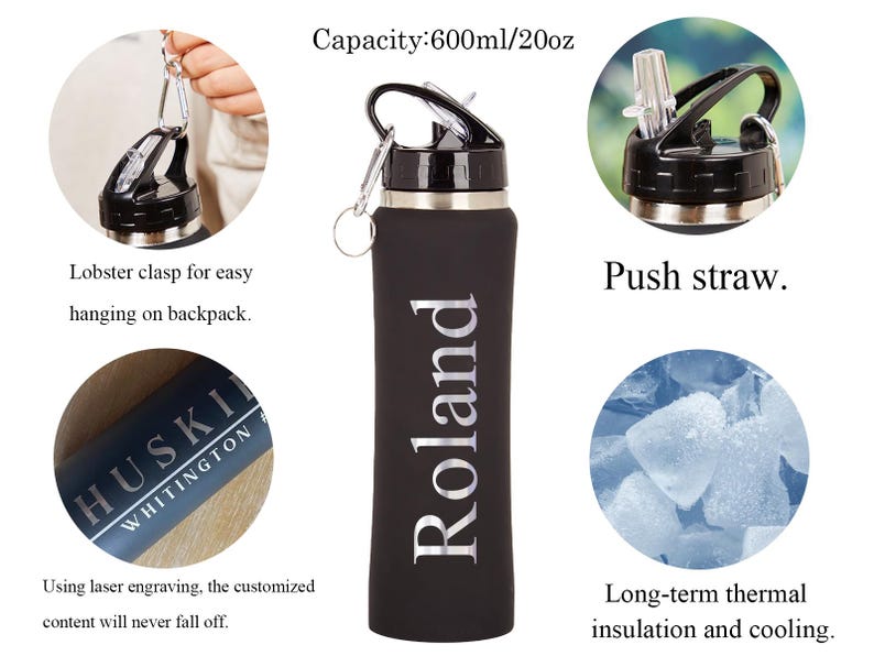 May include: Black insulated water bottle with a black lid and a silver carabiner clip. The bottle has the name "Roland" printed in white. Features include a push straw and laser engraving.