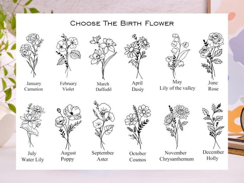 May include: A white print featuring twelve floral illustrations, each representing a birth month flower. The text "CHOOSE THE BIRTH FLOWER" is at the top. Flowers include carnation, violet, daffodil, daisy, lily of the valley, rose, water lily, poppy, aster, cosmos, chrysanthemum, and holly.