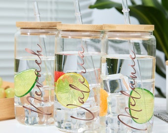 Bridesmaid Gift, Customized Glass Tumbler, Frosted Glass Tumbler, Iced Coffee Tumbler, 16oz Cup w straw, Bachelorette Party Gift Glass Cup