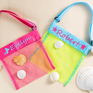 Benutzerdefinierte Muschel Tasche, personalisierte Mesh Shell Tasche, Monogramm Shell Beach Mesh Tasche, Kinderstrandtasche, Muschel-Einkaufstasche, Pool Spielzeugtasche, Beach Party Favor