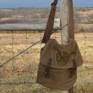 Monogrammed Crossbody Bag - Canvas Messenger Bag,  Military Medic style, Personalized Gift, Embroidered, leather accents