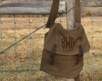 Monogrammed Crossbody Bag - Canvas Messenger Bag,  Military Medic style, Personalized Gift, Embroidered, leather accents