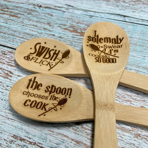 Wizard's Kitchen Spoons - Wizard Bamboo Spoon Set, Engraved Wooden Spoons, Swish and Flick