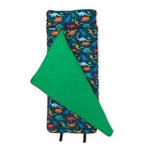 May include: A green and blue dinosaur-themed nap mat with a removable green cover. The mat has a variety of colorful dinosaurs printed on it.