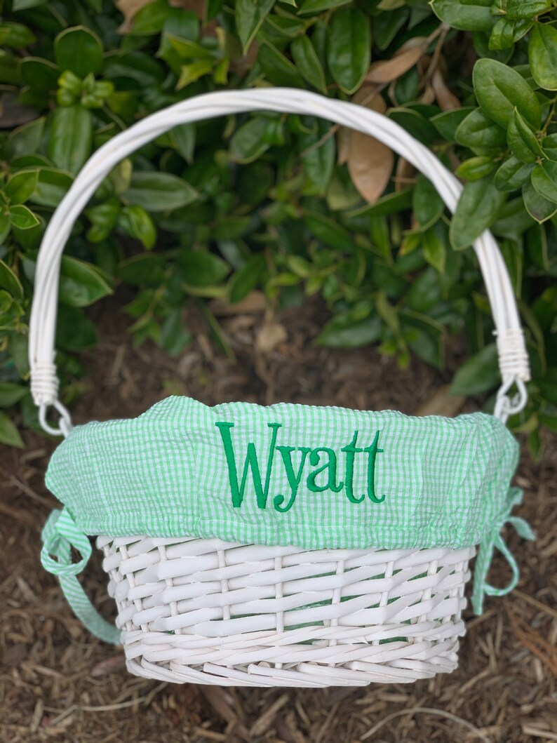 Seersucker Wicker Easter Basket with Liner Personalized Monogram Easter Basket, First Easter, Custom Easter Basket, Personalized Basket Green