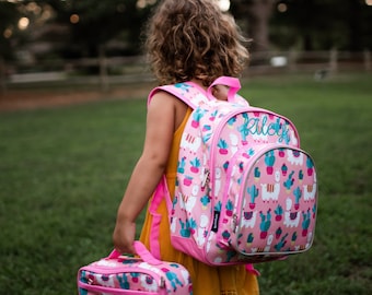 Monogrammed Backpack - Wildkin Pink Llama Cactus, Insulated Pocket