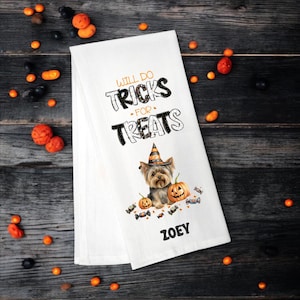 Yorkie, Will Do Tricks for Treats Tea Towel, Yorkshire Terrier Mom, Kitchen Towel, Flour Sack Towel, Dog Lover Gift, Dog Halloween Decor