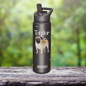 Pug - Personalized, Stainless Steel Water Bottle, 3D Image, Vinyl Name