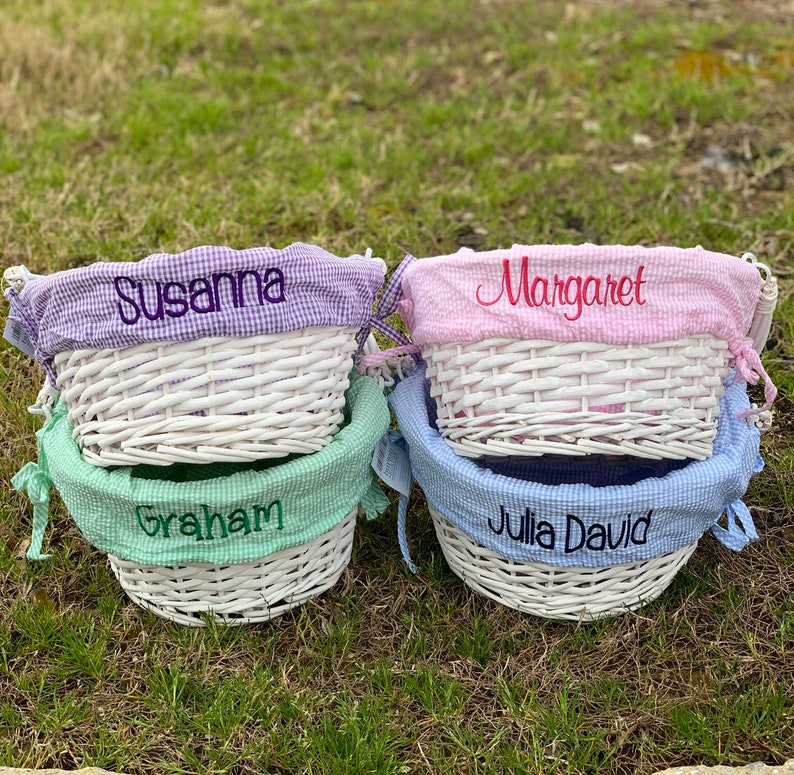 Seersucker Wicker Easter Basket with Liner Personalized Monogram Easter Basket, First Easter, Custom Easter Basket, Personalized Basket image 1