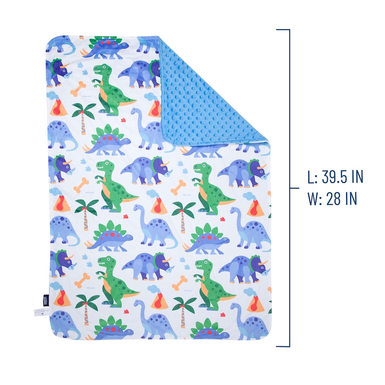 May include: A blue and green dinosaur print baby blanket with a soft blue minky backing. The blanket measures 39.5 inches long and 28 inches wide.