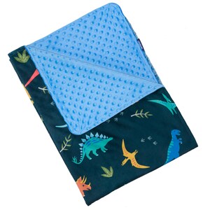 May include: A soft, blue and green baby blanket with a dinosaur print. One side of the blanket is a soft, blue minky fabric with a subtle dot pattern. The other side is a dark green fabric with a variety of colorful dinosaurs.