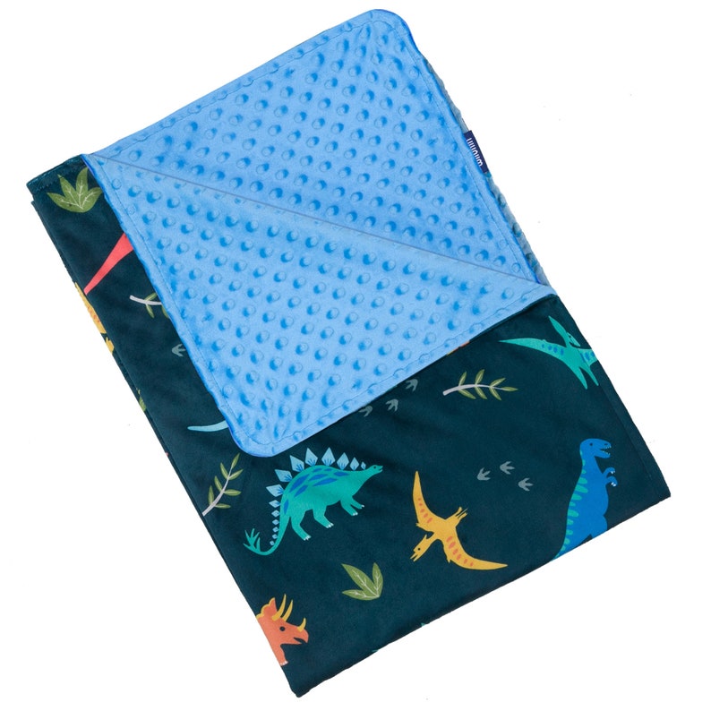 May include: A soft, blue and green baby blanket with a dinosaur print. One side of the blanket is a soft, blue minky fabric with a subtle dot pattern. The other side is a dark green fabric with a variety of colorful dinosaurs.