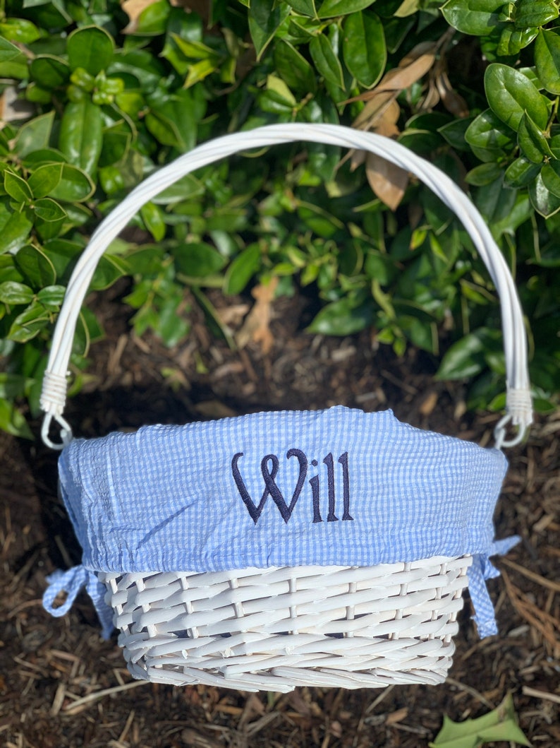 Seersucker Wicker Easter Basket with Liner Personalized Monogram Easter Basket, First Easter, Custom Easter Basket, Personalized Basket Light Blue