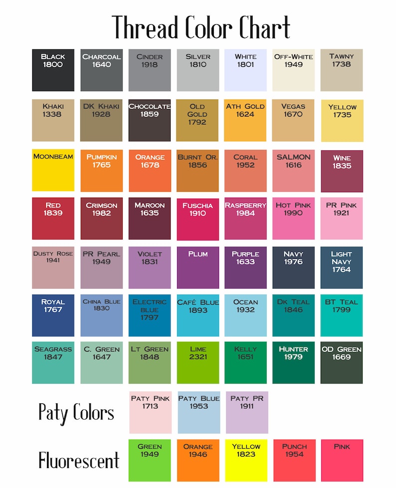 May include: A color chart with 60 different thread colors, labeled with their names and corresponding numbers. The chart is organized in rows and columns, with each color represented by a square. The colors range from black to white, with shades of red, blue, green, yellow, orange, purple, and brown. The chart is titled "Thread Color Chart".