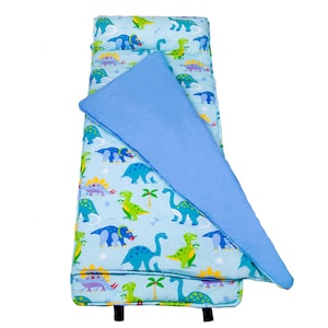 May include: A blue and green dinosaur-themed sleeping mat with a matching blue pillow. The mat has a zippered closure and is perfect for nap time or sleepovers.