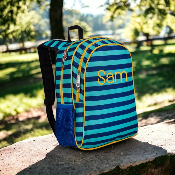 Monogram Backpack and Lunch Bag  - 15" Wildkin Blue Stripe, Personalized, Back to School, Elementary, Kindergarten