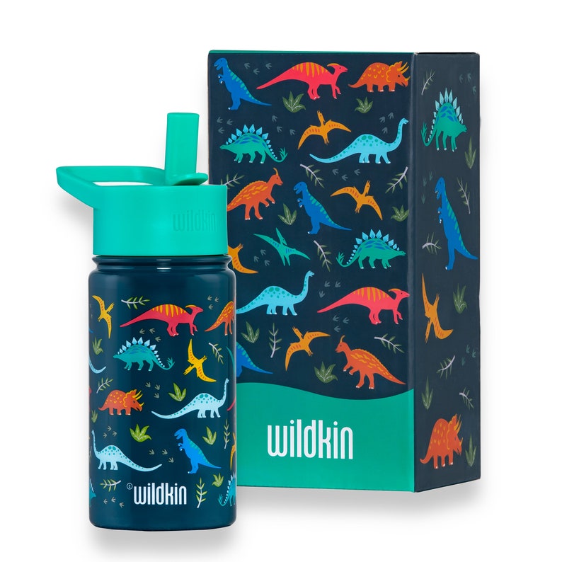 May include: A blue reusable water bottle with a green lid and a straw. The bottle has a colorful dinosaur pattern and the text "Wildkin" on it. The bottle comes in a matching box with a dinosaur pattern and the text "Wildkin" on it.