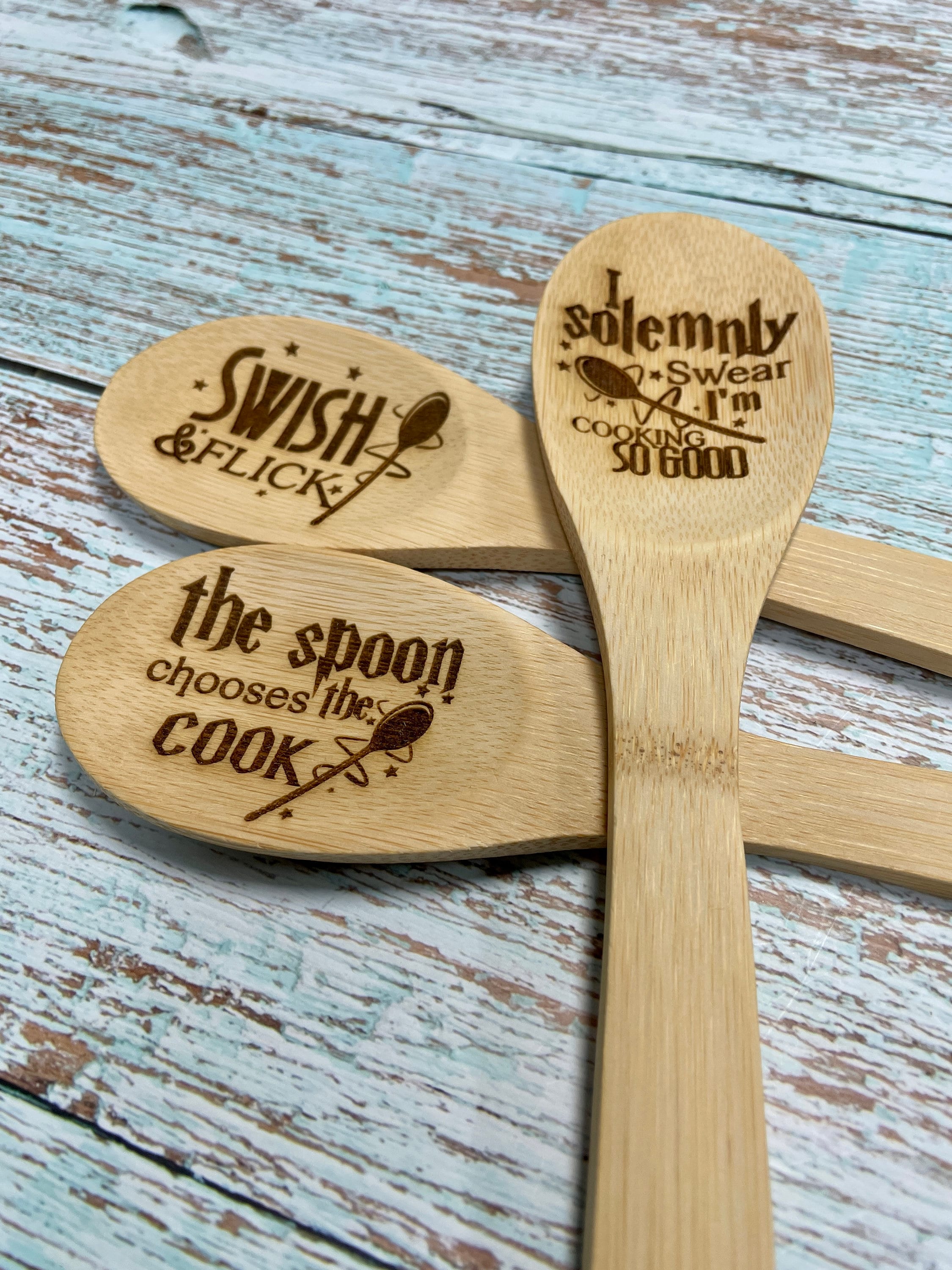 Wizard's Kitchen Spoons - Wizard Bamboo Spoon Set, Engraved Wooden Spoons, Swish and Flick