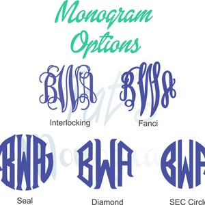 May include: Monogram options for a name, showing different styles: interlocking, fancy, seal, diamond, and SEC circle. The letters are in blue.