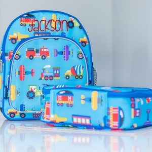 Monogram Backpack and Lunch Bag - Wildkin - 12&quot; Tranes Planes - Preschool Day Pack Back to School