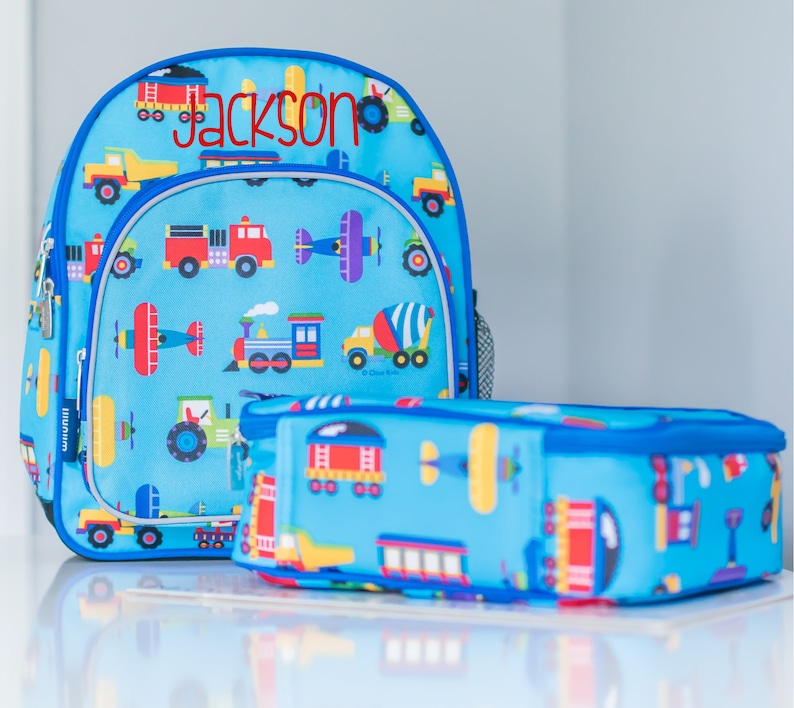Preschool Day Pack Back to School Tranes Planes Wildkin Monogram Backpack and Lunch Bag