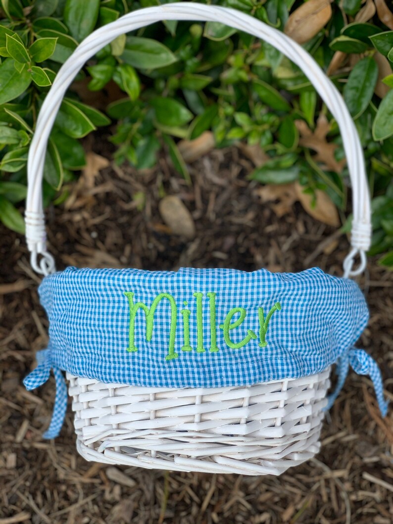 Seersucker Wicker Easter Basket with Liner Personalized Monogram Easter Basket, First Easter, Custom Easter Basket, Personalized Basket Bright Blue