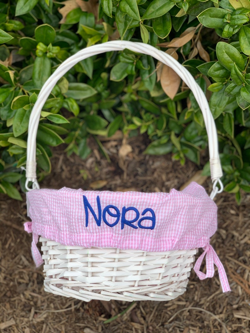 Seersucker Wicker Easter Basket with Liner Personalized Monogram Easter Basket, First Easter, Custom Easter Basket, Personalized Basket Pink