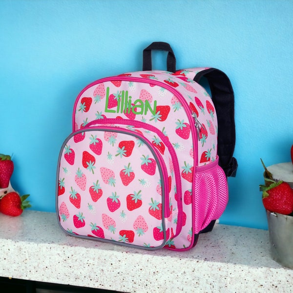 Monogram Backpack - 12" Wildkin Strawberry Patch, Personalized Backpack, Preschool, Day Care, Kindergarten