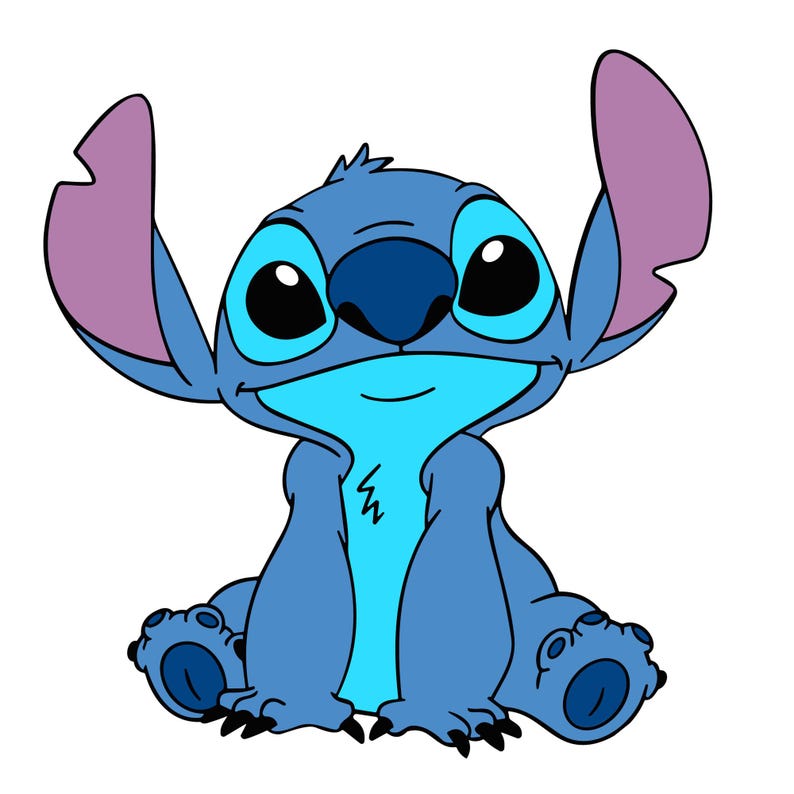 May include: A cartoon illustration of Stitch, a blue extraterrestrial creature with large ears and big black eyes. Stitch is sitting with his arms outstretched, and his mouth is curved in a smile. The image is set against a white background.