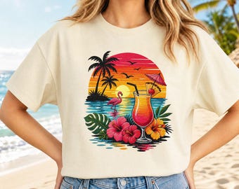 Tropical Sunset Beach Shirt, Palm Tree Cocktail Tee, Summer Vacation Vibes