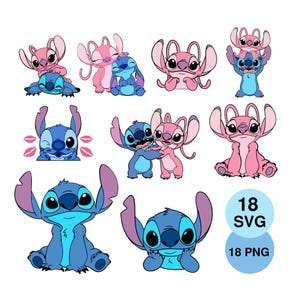 May include: A collection of cartoon illustrations featuring the characters Stitch and Angel in various poses. The images are in shades of blue and pink, with some characters embracing or interacting. Includes text that says "18 SVG" and "18 PNG".