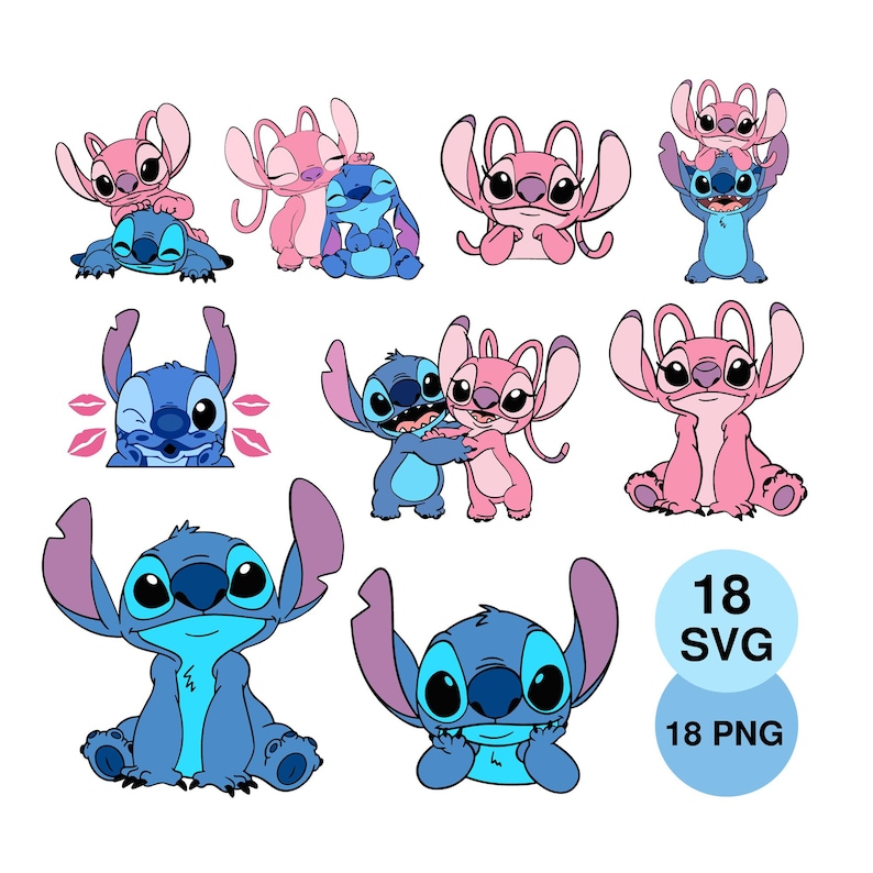 May include: A collection of cartoon illustrations featuring the characters Stitch and Angel in various poses. The images are in shades of blue and pink, with some characters embracing or interacting. Includes text that says "18 SVG" and "18 PNG".