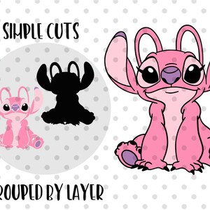 May include: Pink cartoon character with large ears, black eyes, and a purple nose and accents. The image includes the text "SIMPLE CUTS" and "GROUPED BY LAYER". There is also a pink silhouette of the character.