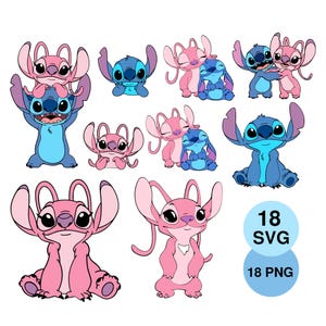 May include: A collection of cartoon character illustrations in various poses. The characters are primarily blue and pink, with large ears and expressive eyes. The image includes two blue circles with the text "18 SVG" and "18 PNG".