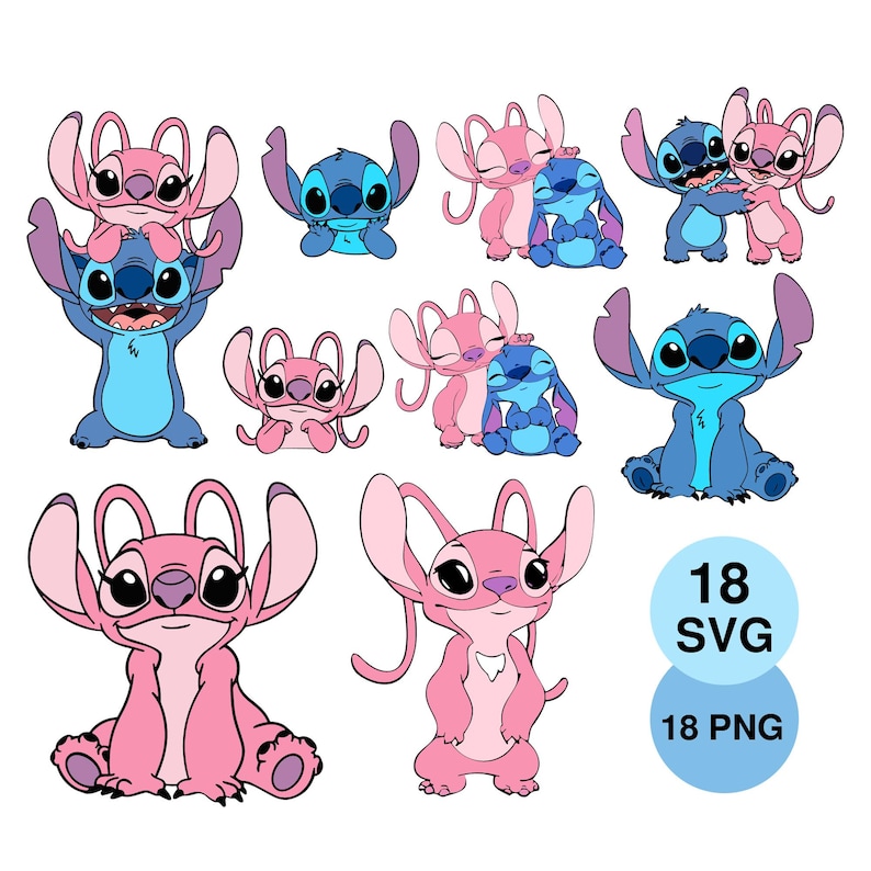 May include: A collection of cartoon character illustrations in various poses. The characters are primarily blue and pink, with large ears and expressive eyes. The image includes two blue circles with the text "18 SVG" and "18 PNG".