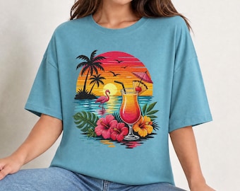 Sunset Flamingo Cocktail T-Shirt, Beach Vacation Graphic Tee