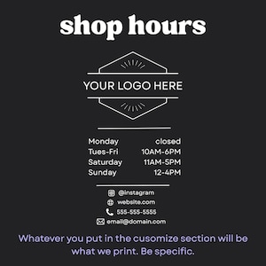 Calcomanía de vinilo personalizada con el horario de la tienda y el logotipo de la empresa / Calcomanía para puerta o ventana / Escaparate de la tienda / Horario de atención / Calcomanía con el horario de la tienda