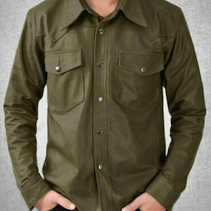 Men&#39;s trucker Leather jacket, Olive Green Leather Jacket, Motorcycle Style Jacket Designer Jacket, genuine Sheepskin Leather jacket for Mens