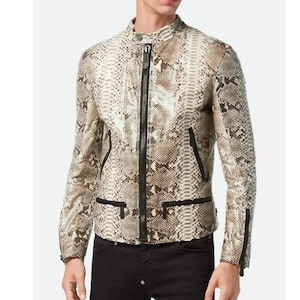 New Men&#39;s Python Print Real leather Biker style Snake Leather jacket Gift For Him