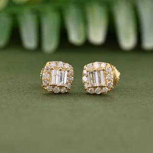 0.84 Carat Round and Baguette Diamond Stud Earring | 14K Yellow Gold Stud Earrings | Women Earring | Birthday Gift | Gift For Her