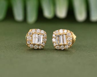 Round & Baguette Diamond Stud Earrings | Women Jewelry
