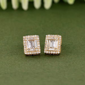 Stunning Round and Baguette Diamond Stud Earring | 10K Yellow Gold Square Stud Earring | Women Earring | Gift For Her